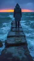 AI generated Person Standing on Pier, Looking Out at Ocean photo