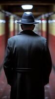 AI generated Mysterious Figure in Hat Standing in Vintage Train Corridor photo