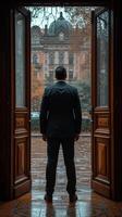 AI generated Man Gazing Out at Urban Street From Ornate Doorway photo