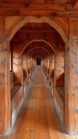 AI generated Spacious Hallway With Wooden Walls and Pillars photo