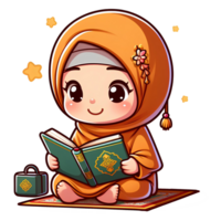 AI generated Muslim child character reading Al quran in cartoon style on transparent background png