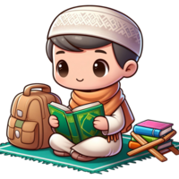 AI generated Muslim child character reading Al quran in cartoon style on transparent background png