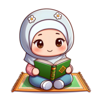 AI generated Muslim child character reading Al quran in cartoon style on transparent background png