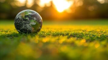 AI generated Earth Globe on Green Grass, Nature Conservation Concept photo