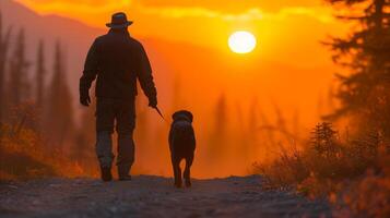 ai generado hombre caminando con perro en sendero a puesta de sol foto