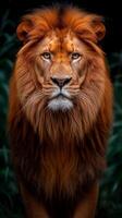 AI generated Majestic Lion Portrait Against Dark Foliage photo