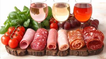 AI generated Assorted Deli Meats With Wine and Fresh Tomatoes on Wooden Board photo