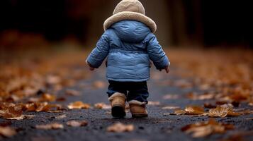 AI generated Small Child Walking on Leaf-Covered Road photo