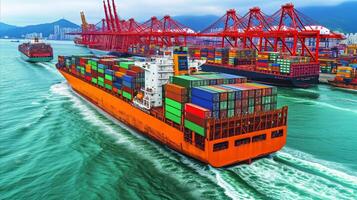 AI generated Cargo Ship Loaded With Containers Entering Busy Port photo