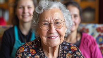 ai generado mayor mujer sonriente con familia miembros en el antecedentes foto