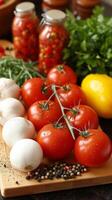 AI generated Fresh Tomatoes and Onions on a Cutting Board photo