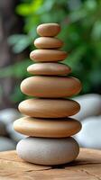 AI generated Serene Stacked Stones Balancing in a Natural Setting photo