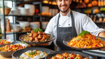 AI generated Man in Apron Holding Plates of Food photo