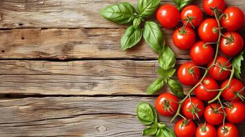 AI generated Fresh Tomatoes and Basil on Wooden Table photo