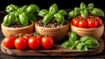 AI generated Fresh Tomatoes and Basil With Peppercorns on Wooden Table photo