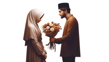 AI generated man giving flowers to woman wearing hijab on transparent background png