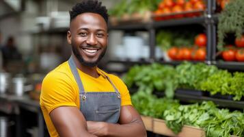 AI generated Man Standing in Front of Assorted Vegetables photo