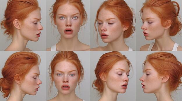 AI generated Series of Photos. Woman Demonstrating Various Facial Expressions photo