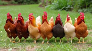 ai generado grupo de pollos en pie en cubierto de hierba campo foto