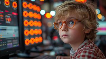 AI generated Young Boy Wearing Glasses Looking at Computer Screen photo