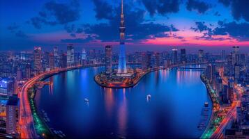 AI generated Aerial View of a Large Body of Water Surrounded by Tall City Buildings photo