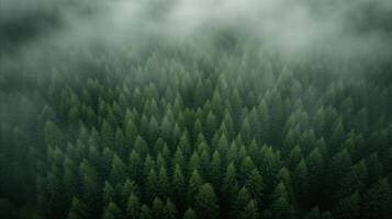 AI generated Aerial View of Foggy Forest With Tall Trees in Mountainous Landscape photo