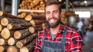 AI generated Man Standing in Front of a Pile of Logs photo