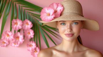 ai generado mujer vistiendo sombrero con rosado flores foto