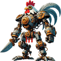 AI generated a cartoon style image of a mechanical chicken warrior with PNG transparent background background
