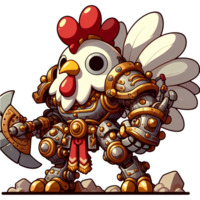 AI generated a cartoon style image of a mechanical chicken warrior with PNG transparent background background