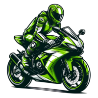 ai généré vert sport moto cavalier dans dessin animé style sur transparent Contexte png