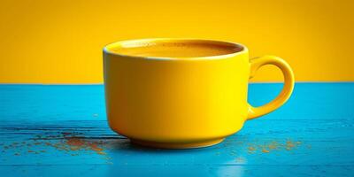 AI generated Yellow Coffee Cup Resting on Blue Table photo