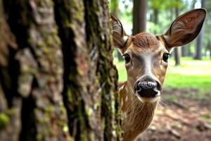 AI generated Young Deer Peeking Out From Behind a Tree photo