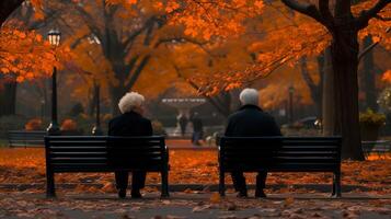 AI generated Elderly Couple Sitting on Park Bench photo