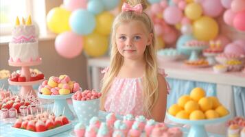 ai generado joven niña a un temática pastel cumpleaños fiesta foto