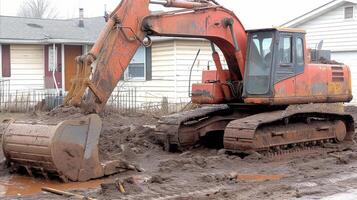 ai generado excavadora excavación mediante barro en frente de un casa foto