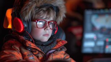 AI generated Young Boy Wearing Headphones and Jacket photo