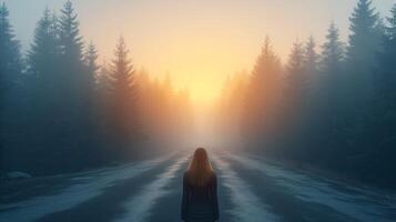 AI generated Woman Walking Down Forest Road photo
