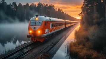 ai generado brumoso amanecer tren viaje mediante bosque paisaje foto