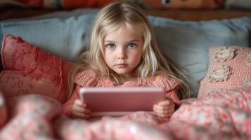 AI generated Little Girl Laying in Bed With Tablet photo