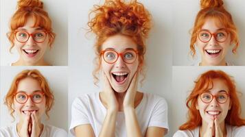 AI generated Expressive Young Woman With Red Hair and Glasses in Five Poses photo