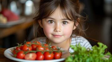 AI generated Little Girl Sitting at Table With Plate of Tomatoes and Lettuce photo