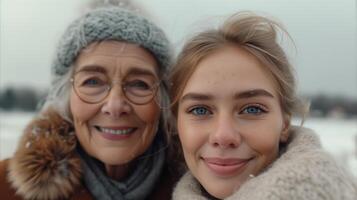 AI generated Winter Portrait of Smiling Grandmother and Granddaughter Outdoors photo