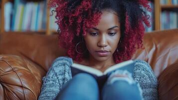 ai generado joven mujer leyendo un libro en un cuero sofá foto