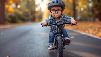 ai generado pequeño chico montando bicicleta abajo la carretera foto