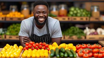 AI generated Man Standing in Front of Vegetable Display photo