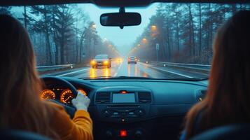AI generated Woman Driving Car Down Rain-Soaked Road photo