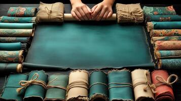 ai generado manos descansando en antiguo escritorio rodeado por Clásico rollos foto