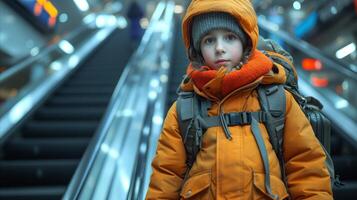 ai generado pequeño chico en amarillo chaqueta con mochila foto