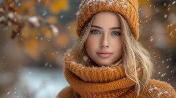 AI generated Woman Wearing Yellow Hat and Scarf photo